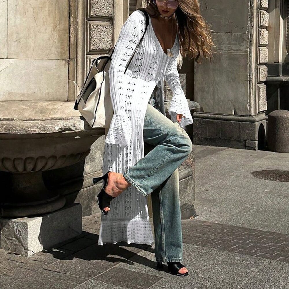 White Casual Women's Sexy V-Neck Long Sleeved Knitted Sun Girl Dress - Picture 3 of 10